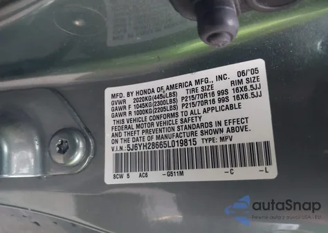 2005 Honda Element Ex from USA, damaged, VIN 5J6YH28665L019815